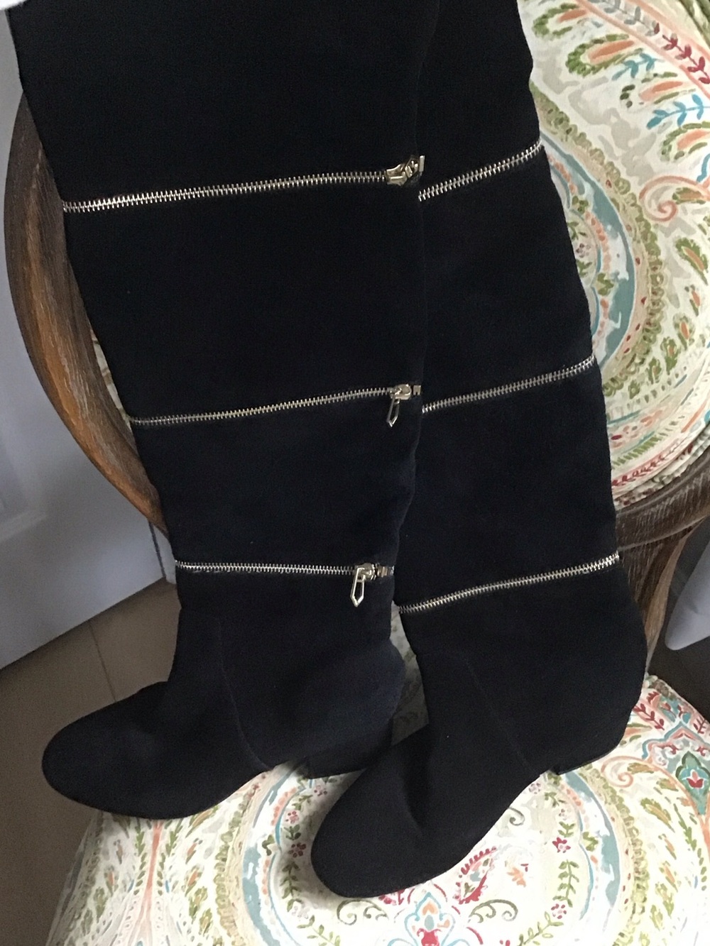 Botkier Black Suede Over-The-Knee Boots with Horizontal Zipper Detail